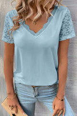 Mist Blue Contrast Lace V-Neck Patchwork Sleeve Casual T-Shirt Pre Order Tops JT's Designer Fashion