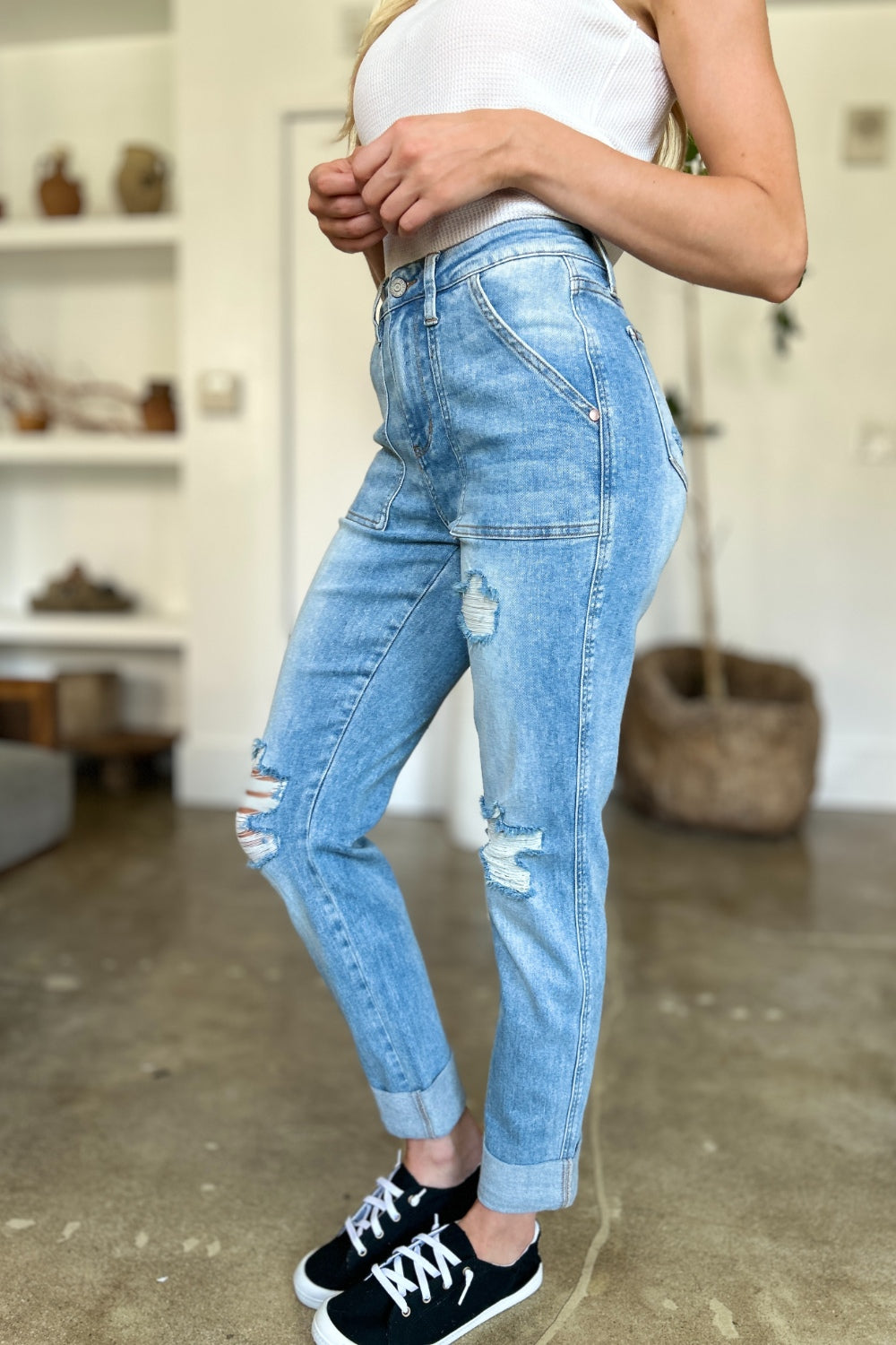 Judy Blue Full Size Distressed Straight Jeans with Patch Pockets Jeans JT's Designer Fashion