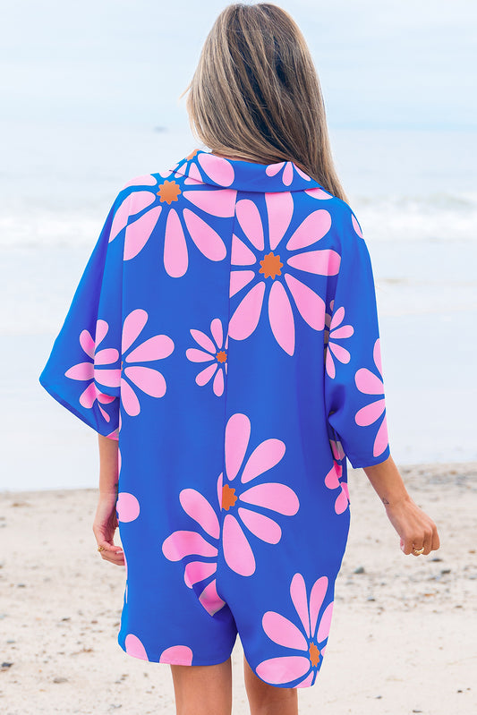 Blue Summer Flower Print Shirt Collar Button Front Loose Romper Jumpsuits & Rompers JT's Designer Fashion