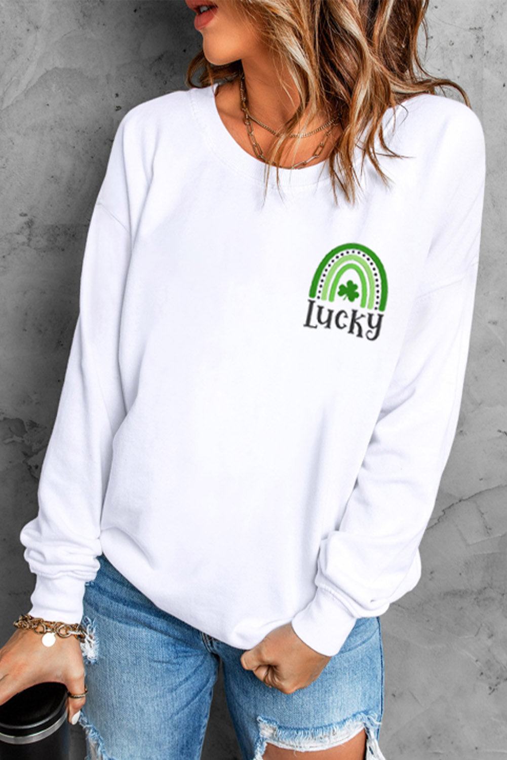 White Lucky Clover St Patrick Rainbow Graphic Sweatshirt Graphic Sweatshirts JT's Designer Fashion