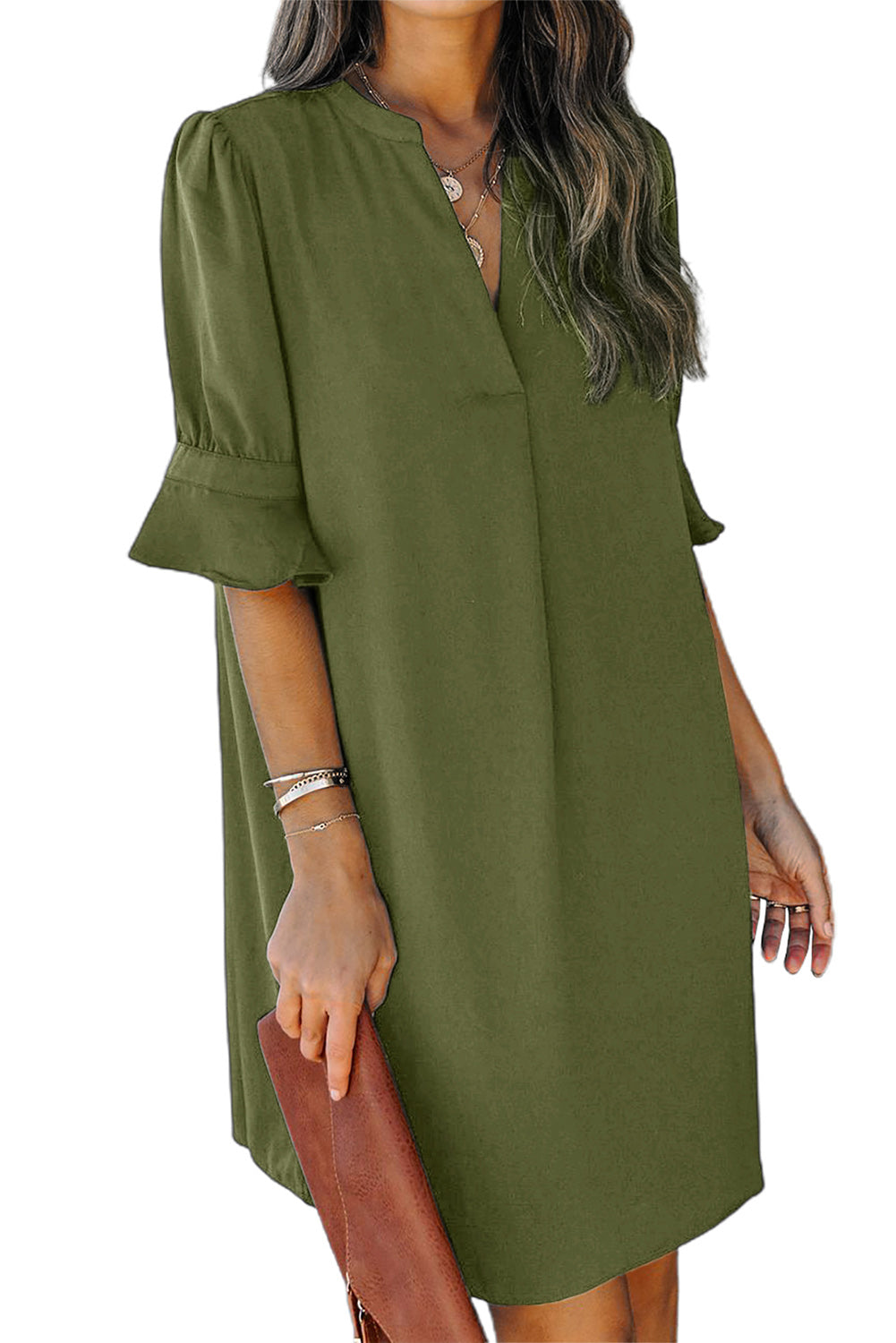 Green Ruffled Sleeve Shift Dress Mini Dresses JT's Designer Fashion