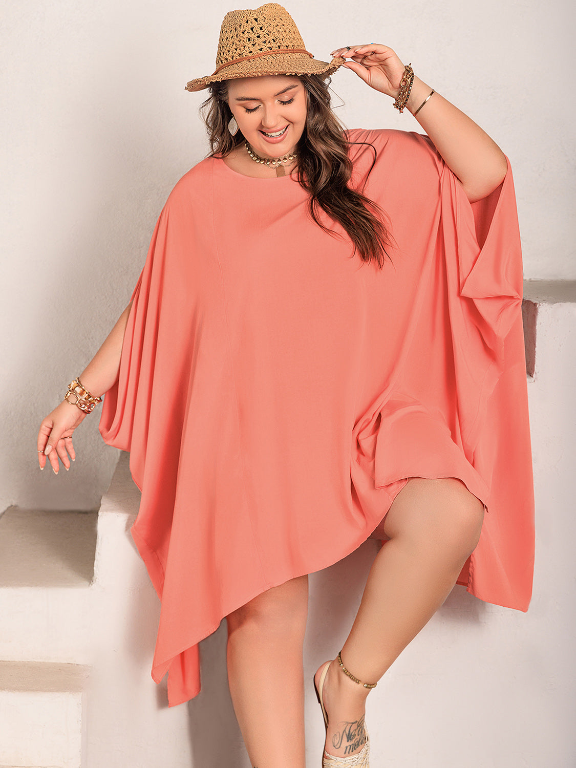 Plus Size Round Neck Batwing Sleeve Mini Dress Mini Dresses JT's Designer Fashion