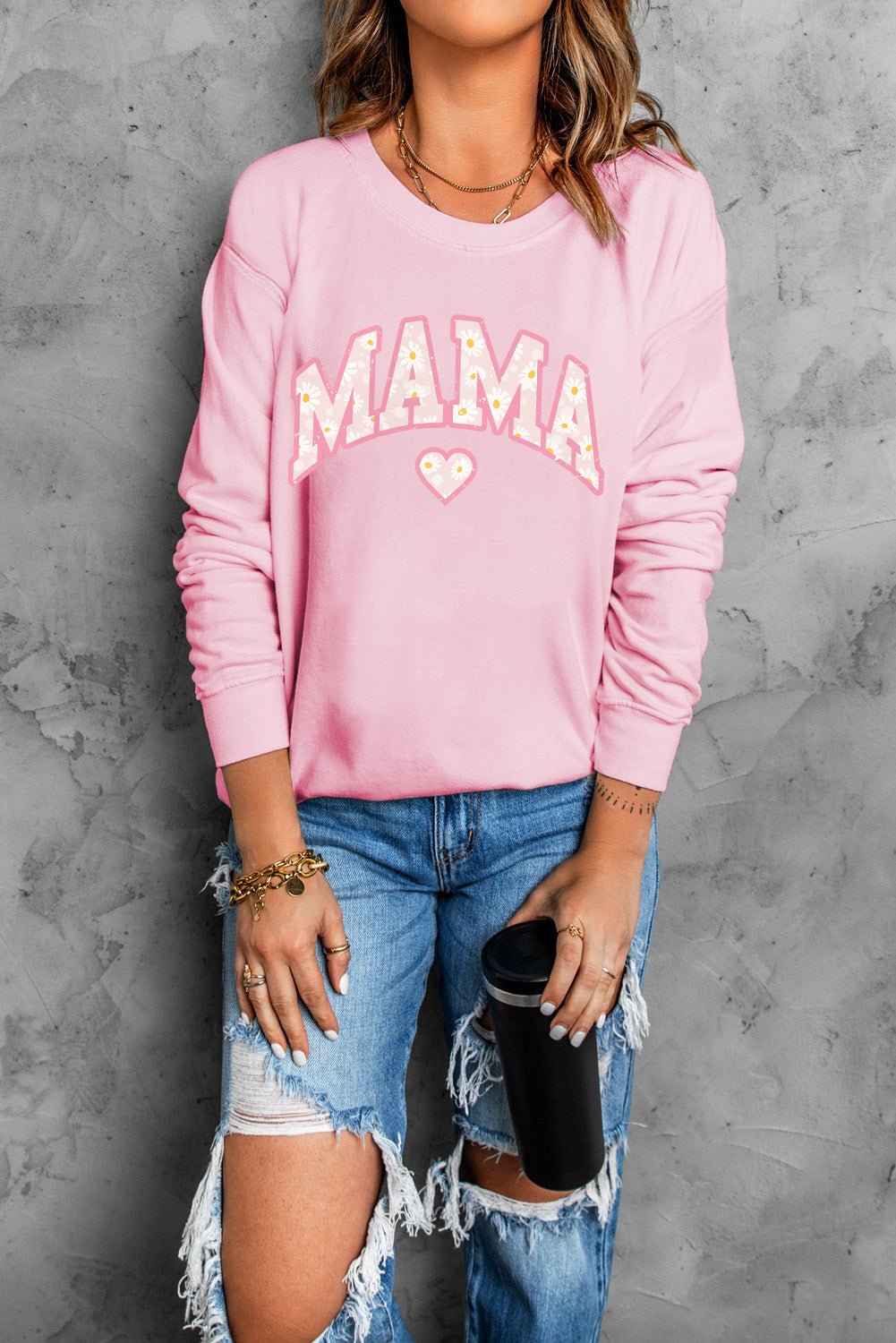 Pink Mama Letter Print Daisy Shading Sweatshirt Graphic Sweatshirts JT's Designer Fashion