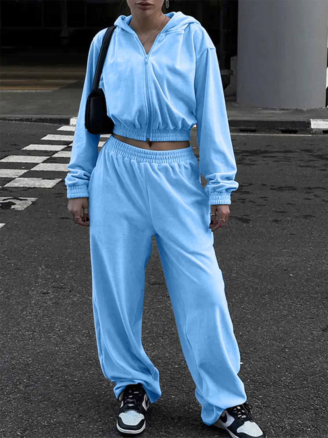 Zip Up Hoodie and Pocketed Pants Set Pastel Blue Pants Sets JT's Designer Fashion