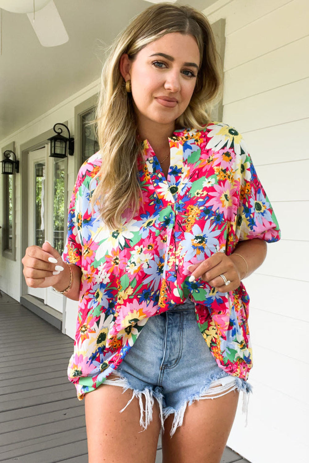 Pink Daisy Flower Print Split Neck Batwing Sleeve Blouse Tops & Tees JT's Designer Fashion