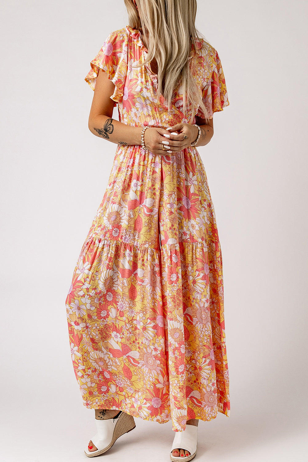 Orange Floral Print Ruffled V Neck High Waist Jumpsuit Jumpsuits & Rompers JT's Designer Fashion