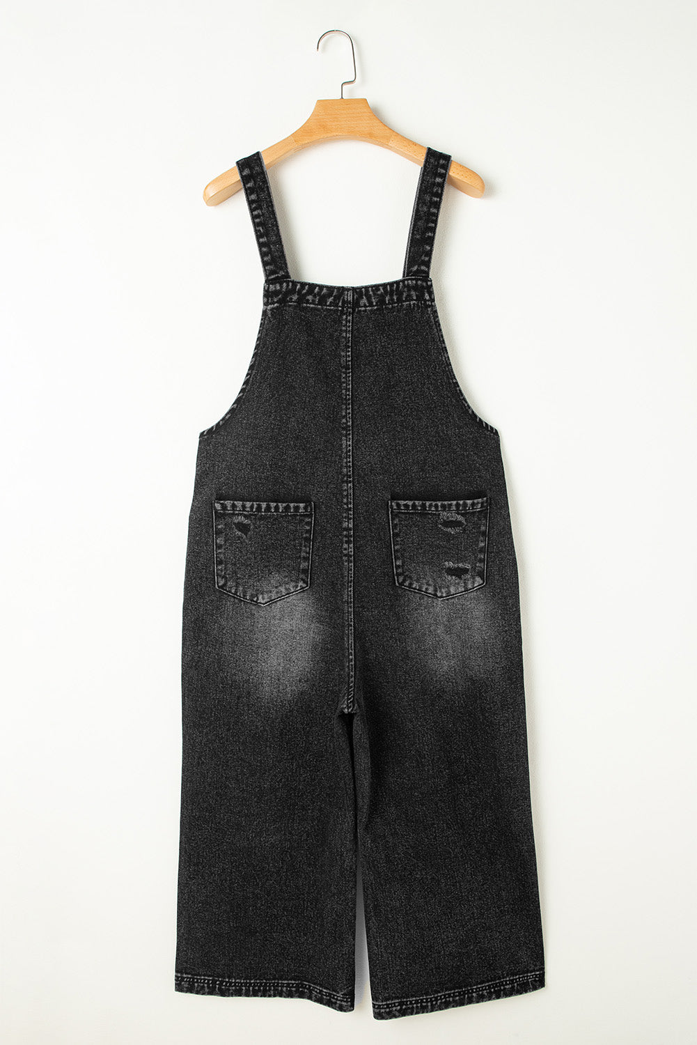 Black Distressed Bib Pocket Wide Leg Denim Overall Jumpsuits & Rompers JT's Designer Fashion