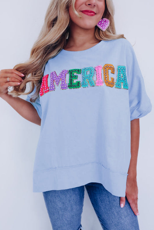 Mist Blue Shiny AMERICA Patched Pattern Split T Shirt Tops & Tees JT's Designer Fashion