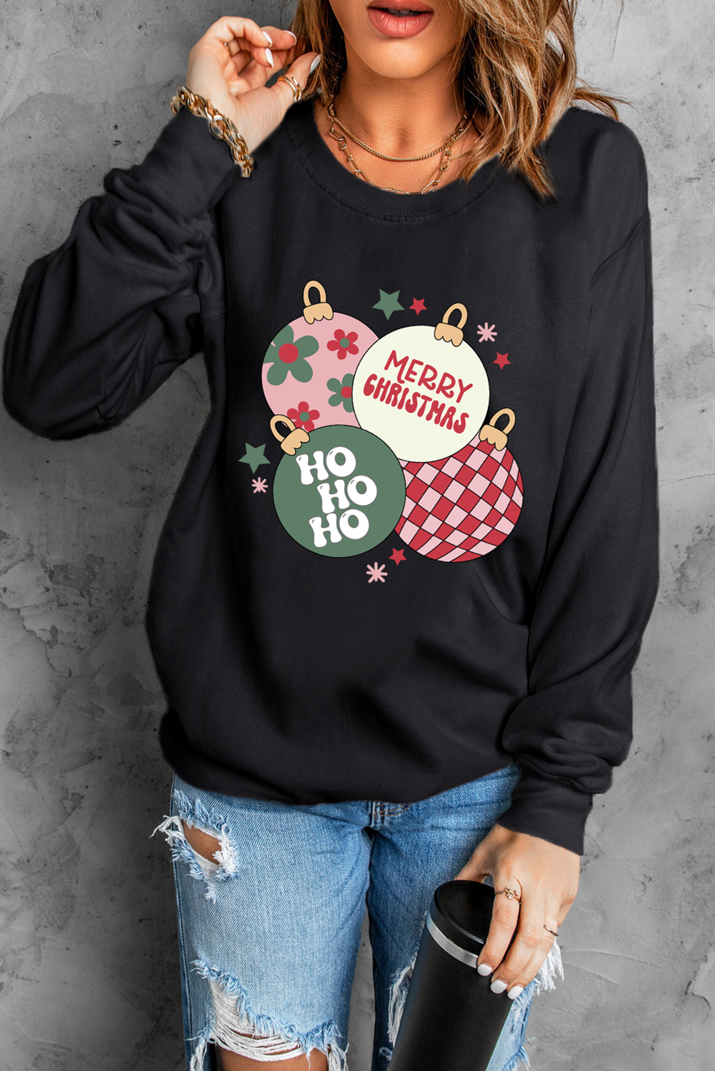 Black Floral Letter Christmas Ball Printed Crewneck Pullover Sweatshirt Graphic Sweatshirts JT's Designer Fashion