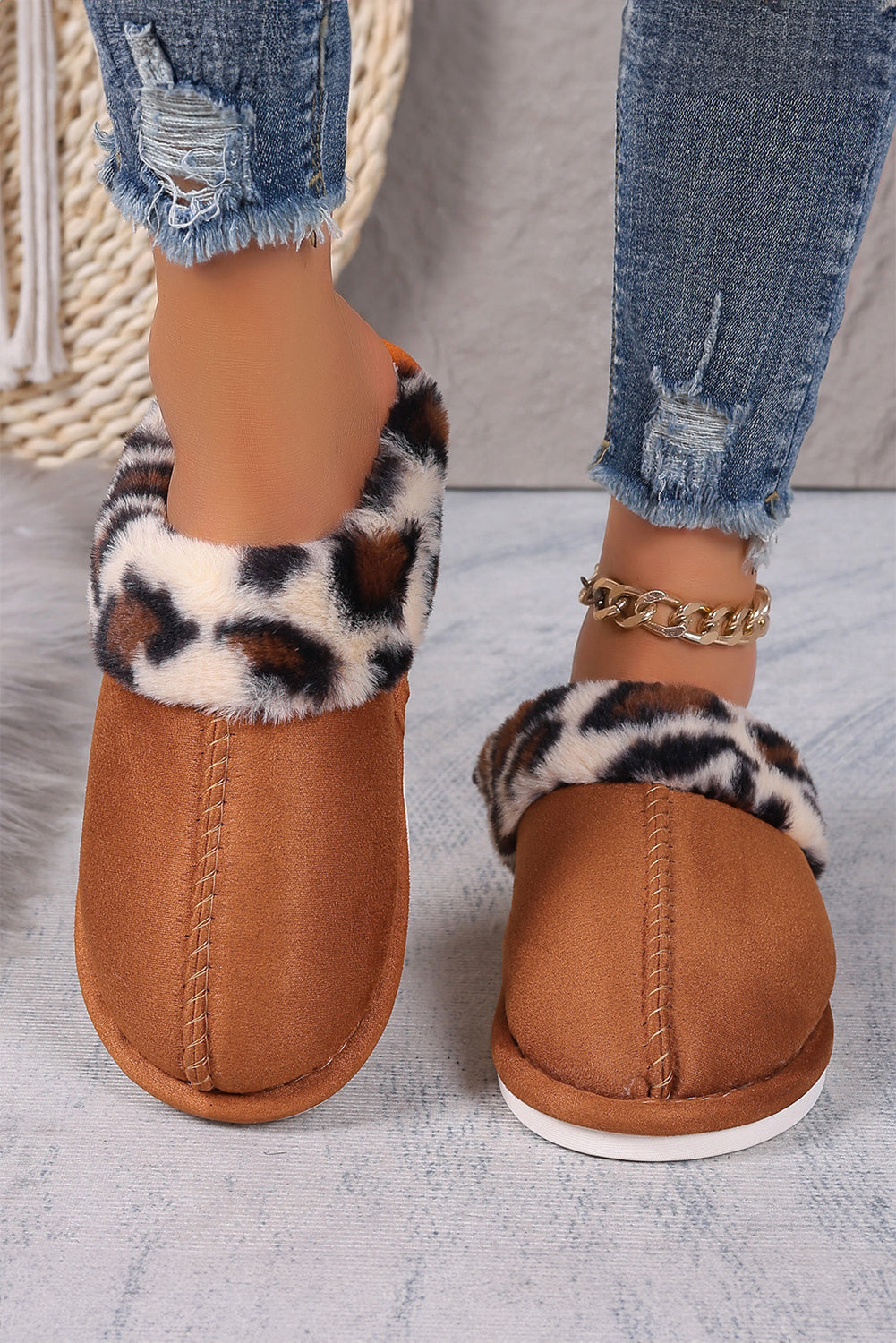 Chestnut Leopard Patched Plush Lined Thick Home Slippers Slippers JT's Designer Fashion