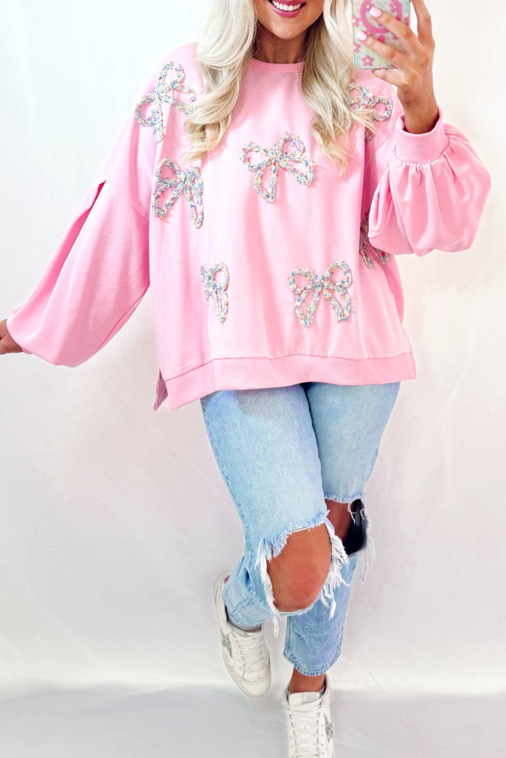 Light Pink Embroidered Bow Lantern Sleeve Oversized Pullover Sweatshirt Sweatshirts & Hoodies JT's Designer Fashion