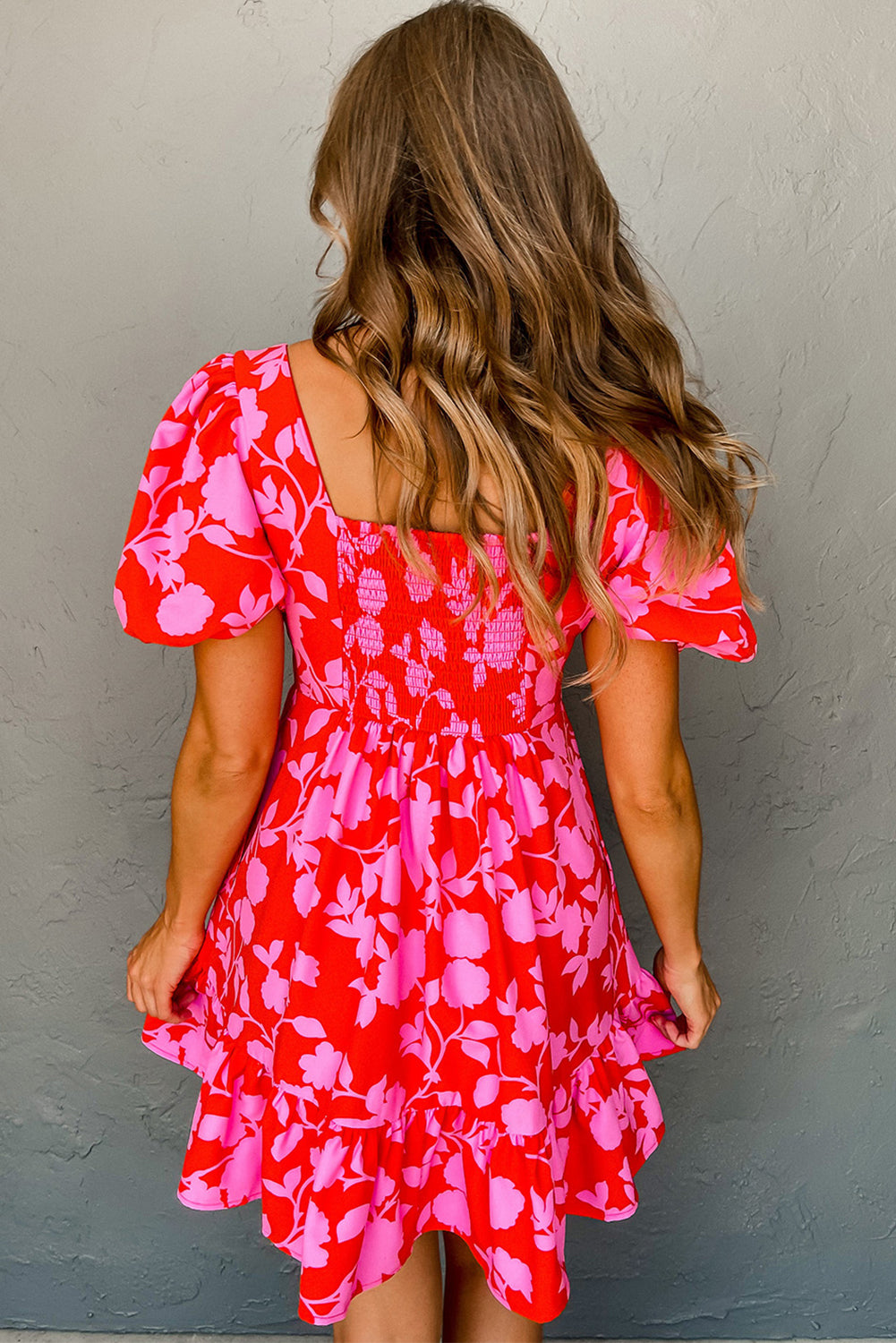 Red Floral Bubble Sleeve Sweetheart Neck Ruffled Mini Dress Floral Dresses JT's Designer Fashion