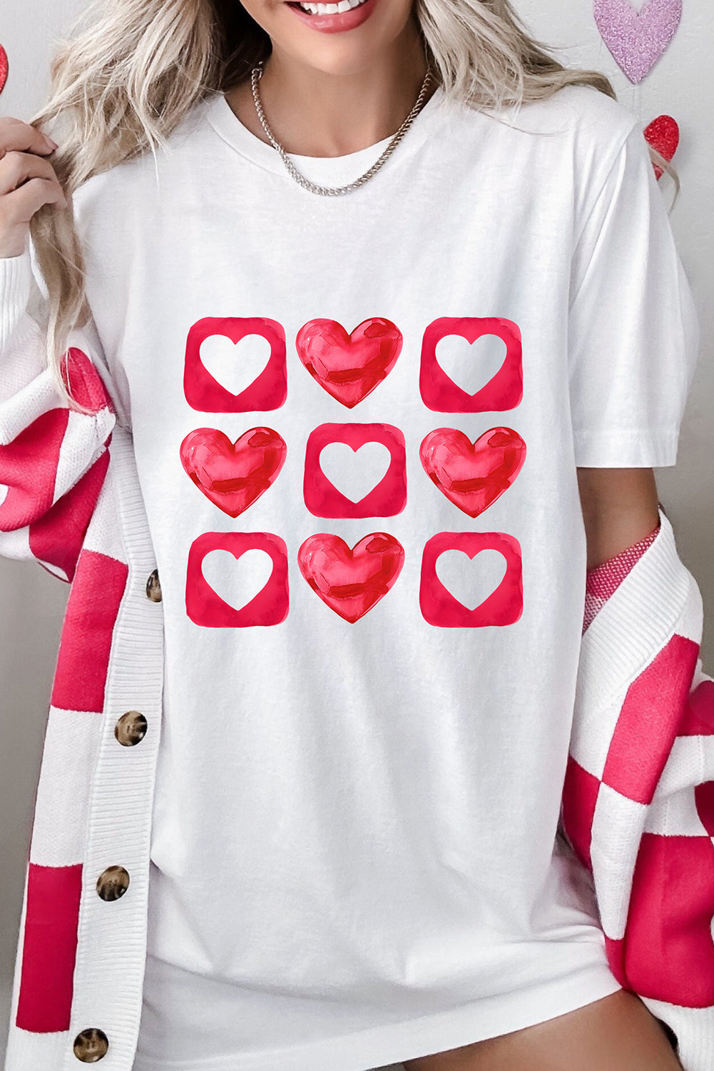 White Heart Graphic Crew Neck Valentines T Shirt Graphic Tees JT's Designer Fashion