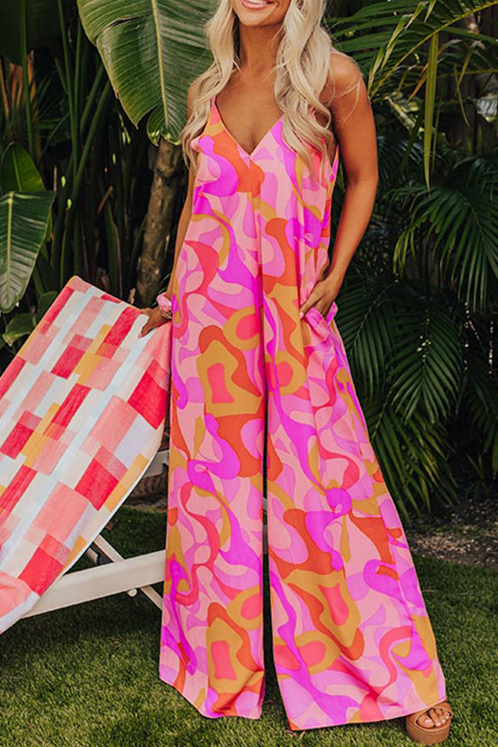 Pink Abstract Print V Neck Slouchy Wide Leg Jumpsuit Dresses JT's Designer Fashion