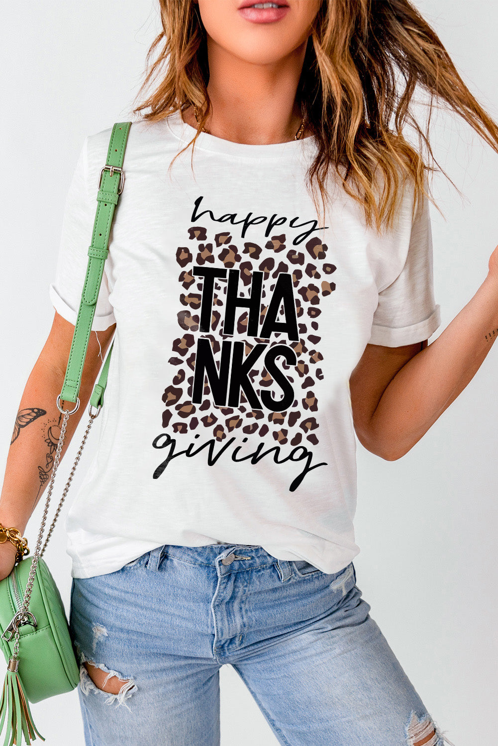 White Happy THANKS Giving Leopard Print Graphic T Shirt Graphic Tees JT's Designer Fashion