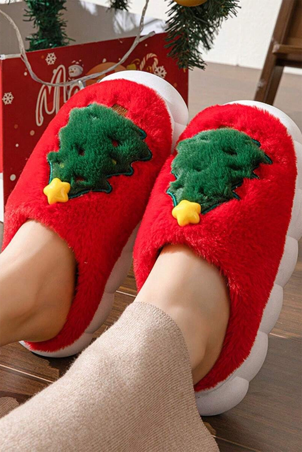 Fiery Red Christmas Tree Graphic Thick Sole Plush Slippers Slippers JT's Designer Fashion