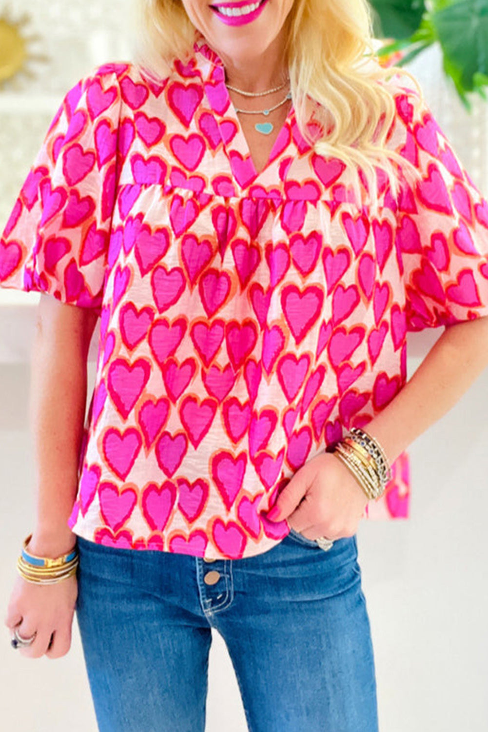 Pink Allover Heart Printed Split Neck Puff Sleeve Blouse Pre Order Tops JT's Designer Fashion