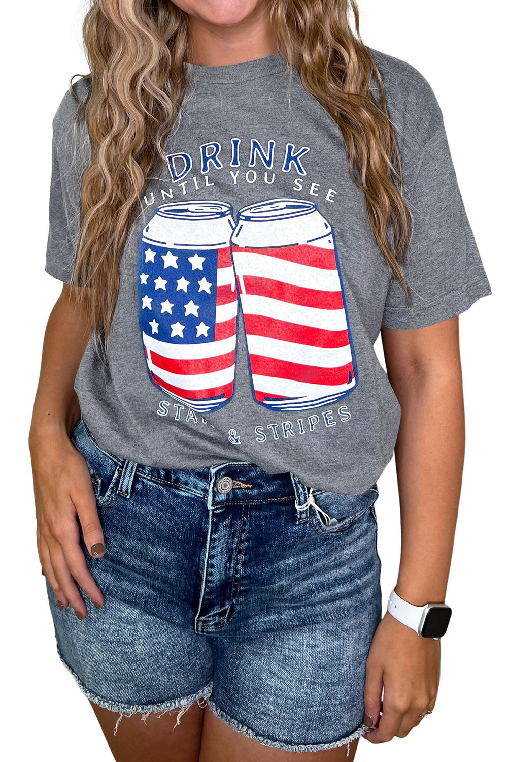 Gray USA Flag Drink Cans Slogan Graphic Tee Graphic Tees JT's Designer Fashion