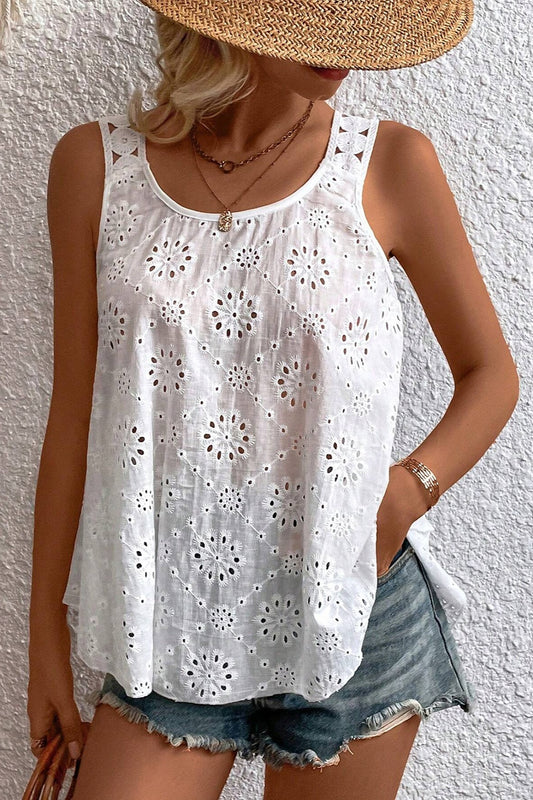 Eyelet Round Neck Wide Strap Tank White Tank Tops JT's Designer Fashion