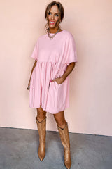 Light Pink Solid Color Pocketed Raw Edge Babydoll Dress Mini Dresses JT's Designer Fashion