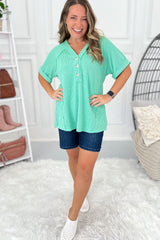 Mint Green Corded Button V Neck Raglan Sleeve T Shirt Pre Order Tops JT's Designer Fashion