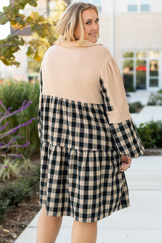 Black Plaid Waffle Knit Patchwork Collared V Neck Plus Size Mini Dress Plus Size Mini Dresses JT's Designer Fashion