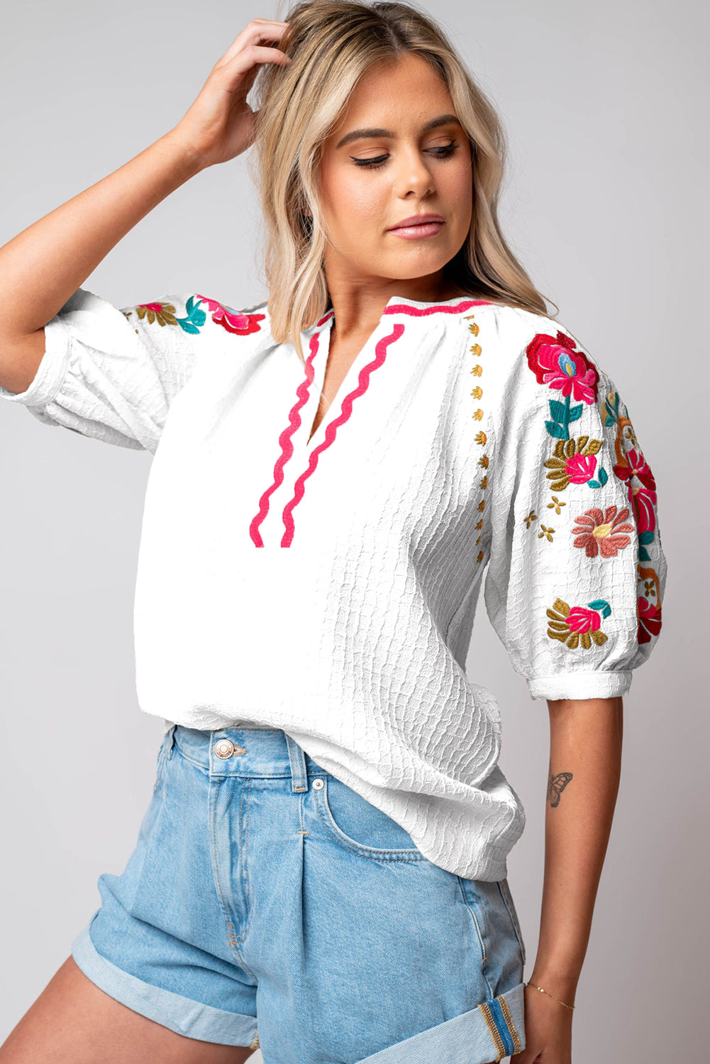 White Floral Embroidered Ricrac Puff Sleeve Textured Blouse Tops & Tees JT's Designer Fashion