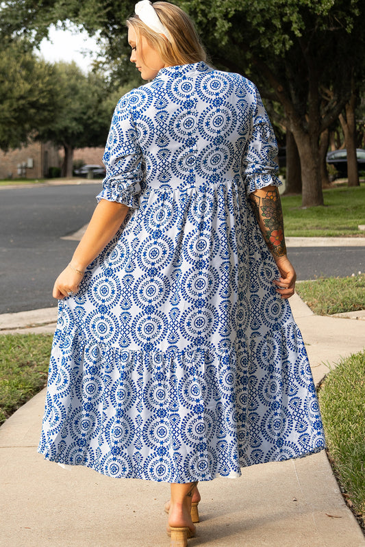 Sky Blue Geometric Print Lace-up Notch Neck Plus Size Maxi Dress Plus Size Maxi Dresses JT's Designer Fashion
