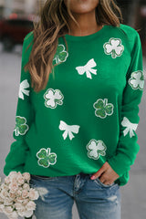 Green Sequin Bow Clover Graphic Pullover Sweatshirt Graphic Sweatshirts JT's Designer Fashion