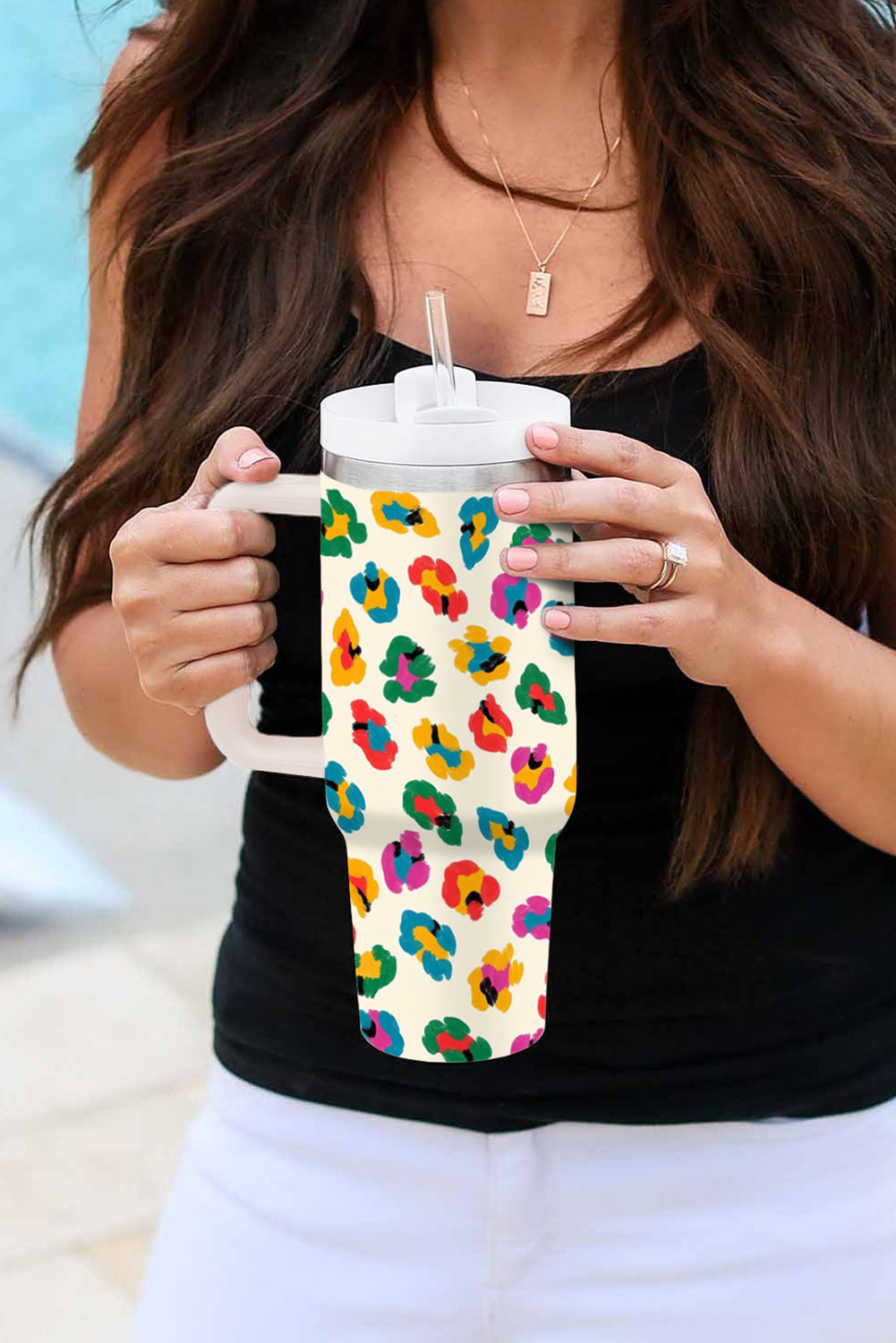 White Multi Color Leopard Print Handle Stainless Tumbler 40oz Tumblers JT's Designer Fashion