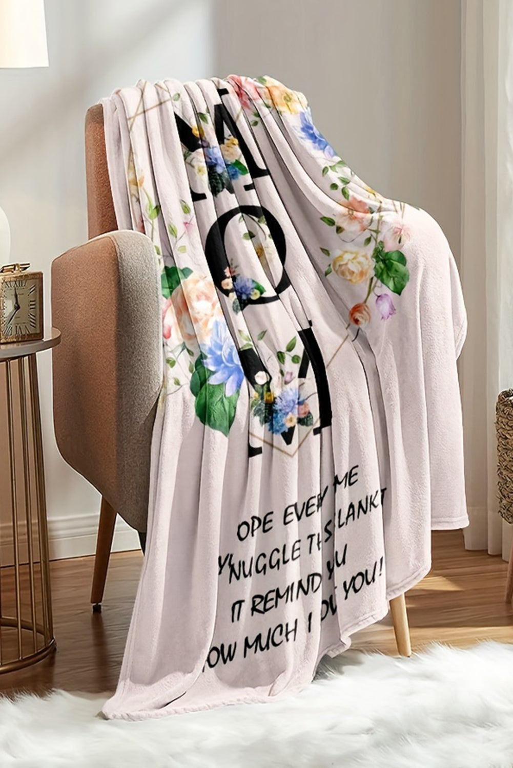 White MOM Floral Print Flannel Blanket 130*150cm Other Accessories JT's Designer Fashion