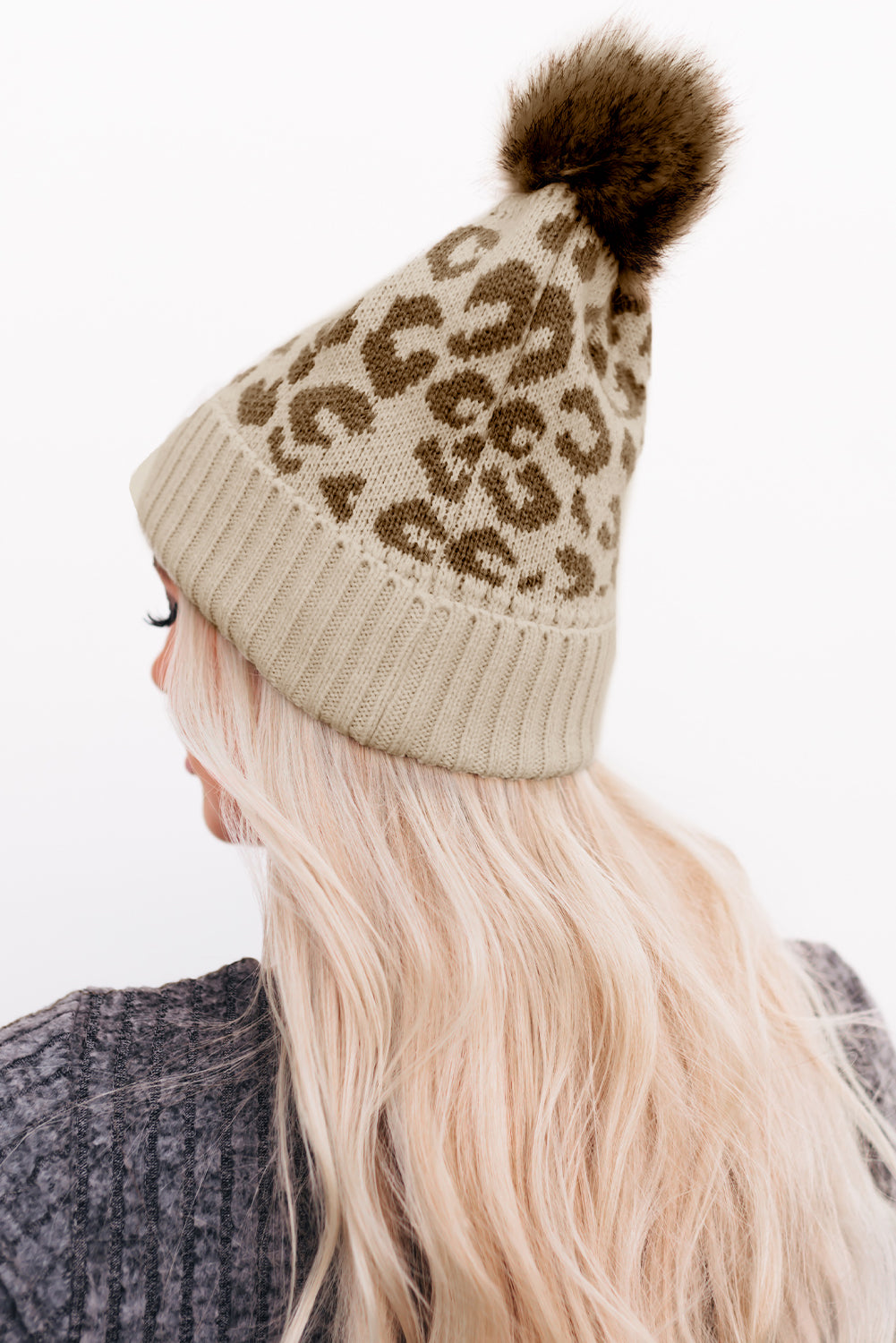 Khaki Pom Leopard Patchwork Knit Beanie Hat Hats & Caps JT's Designer Fashion