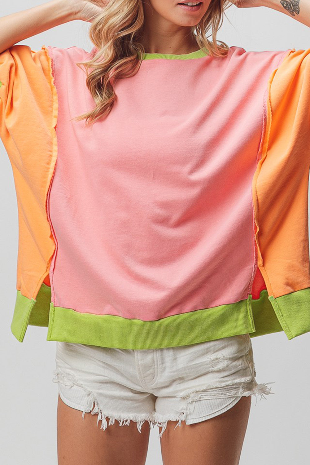 Pink Color Block Exposed Seam Side Slits Quarter Sleeve Top Tops & Tees JT's Designer Fashion