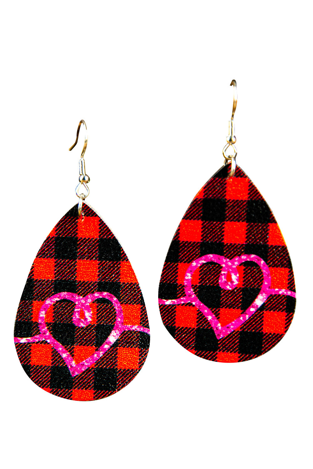 Fiery Red Valentine Sequin Heart Pattern Plaid PU Earrings Jewelry JT's Designer Fashion