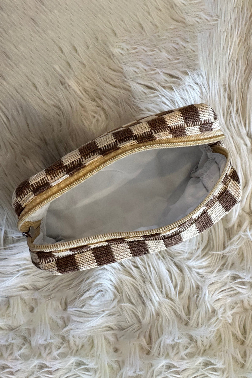 Light French Beige Checkered Knitted Zipper Makeup Bag Other Accessories JT's Designer Fashion