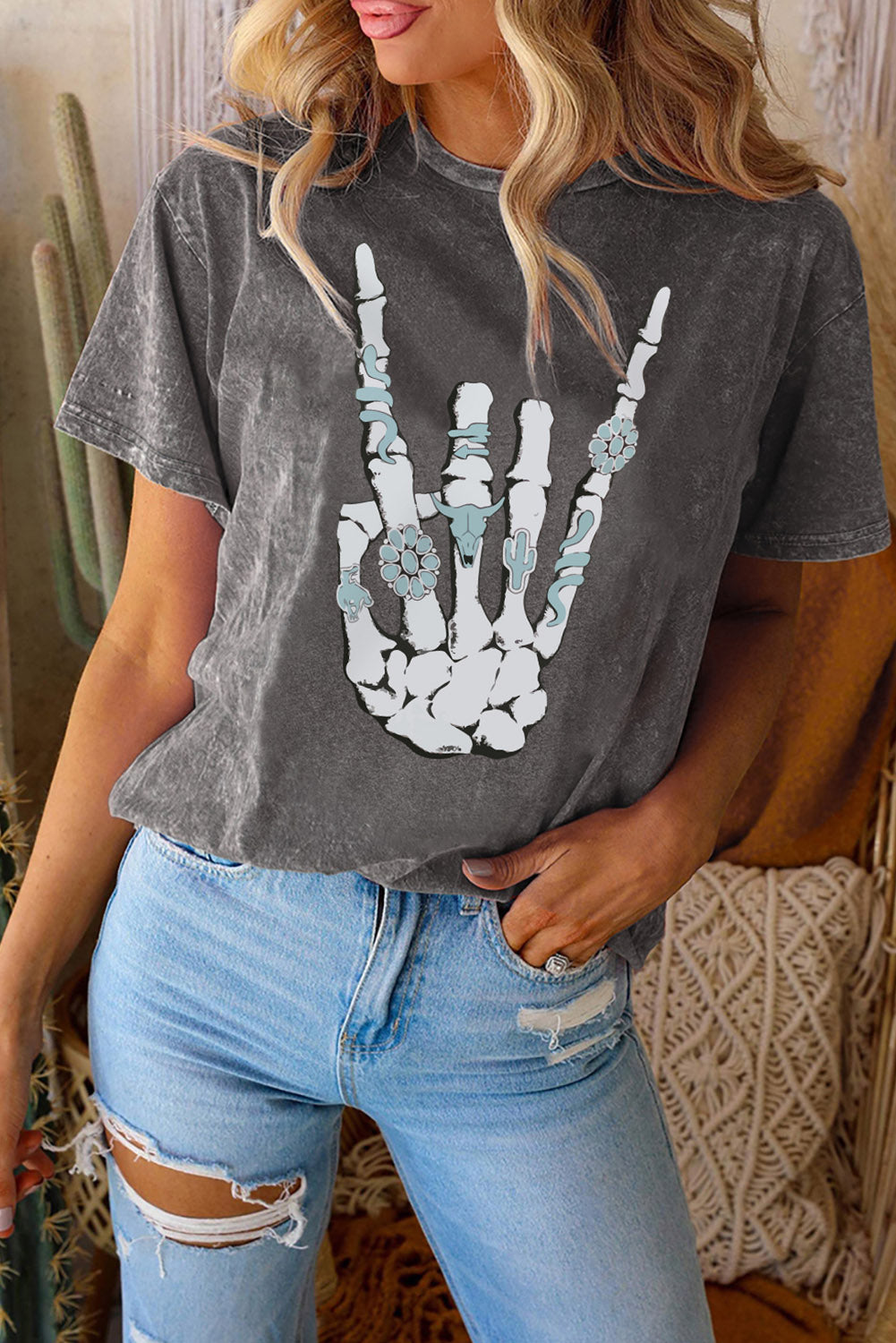 Black Vintage Western Halloween Hand Skeleton Graphic Tee Graphic Tees JT's Designer Fashion