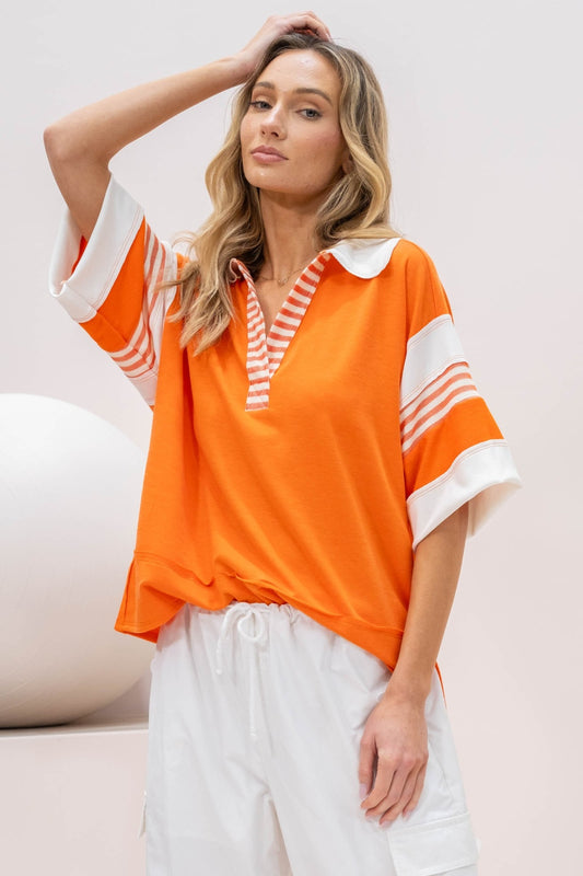 Hailey & Co Full Size Contrast Stripe Polo Shirt Orange Blouses & Shirts JT's Designer Fashion