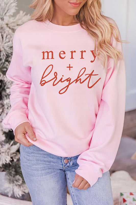 Pink Merry Bright Glitter Pattern Print Crew Neck Sweatshirt Graphic Sweatshirts JT's Designer Fashion