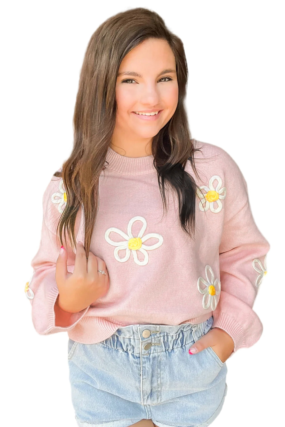 Pink Chenille Daisy Stitching Crew Neck Sweater Sweaters & Cardigans JT's Designer Fashion