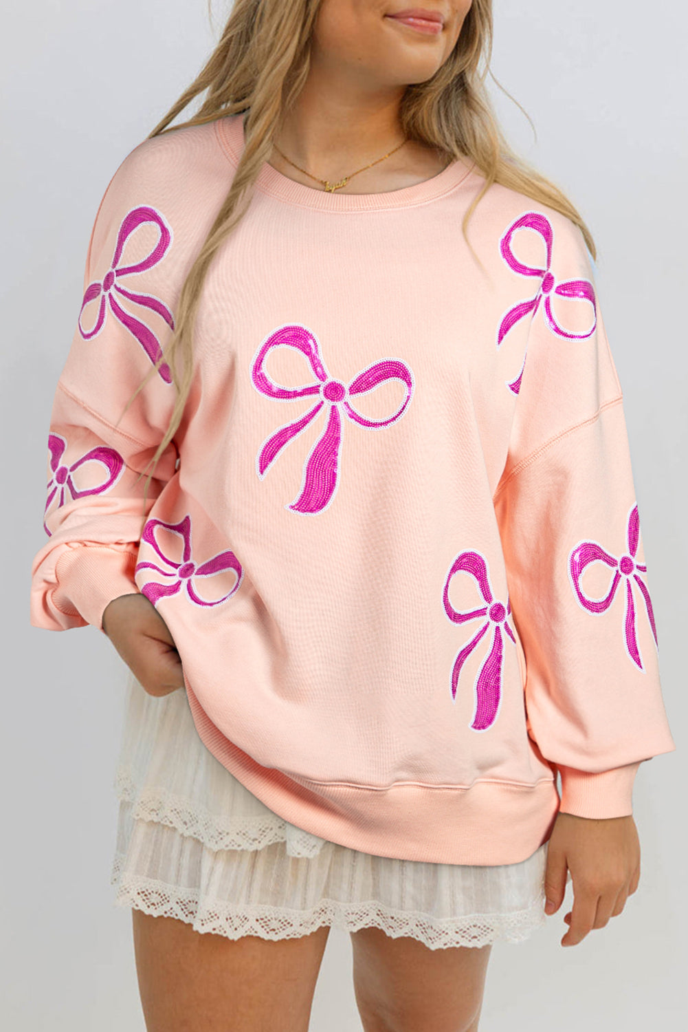 Apricot Pink Sequined Bowknot Drop Shoulder Oversized Sweatshirt Sweatshirts & Hoodies JT's Designer Fashion