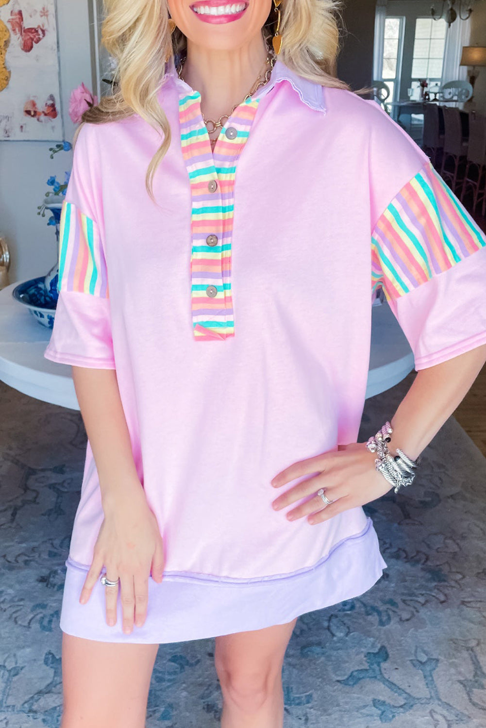 Pink Rainbow Stripe Half Sleeve Buttoned Collar Mini Dress Dresses JT's Designer Fashion