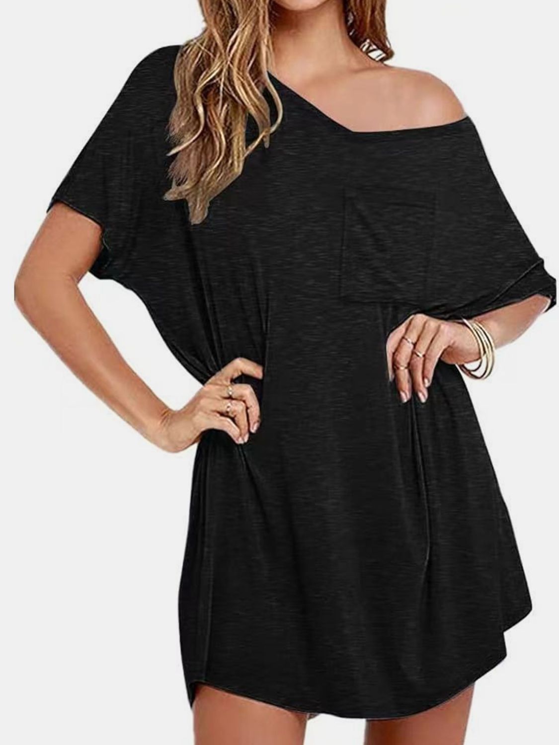 Pocketed V-Neck Short Sleeve Tee Dress T Shirt Dresses JT's Designer Fashion