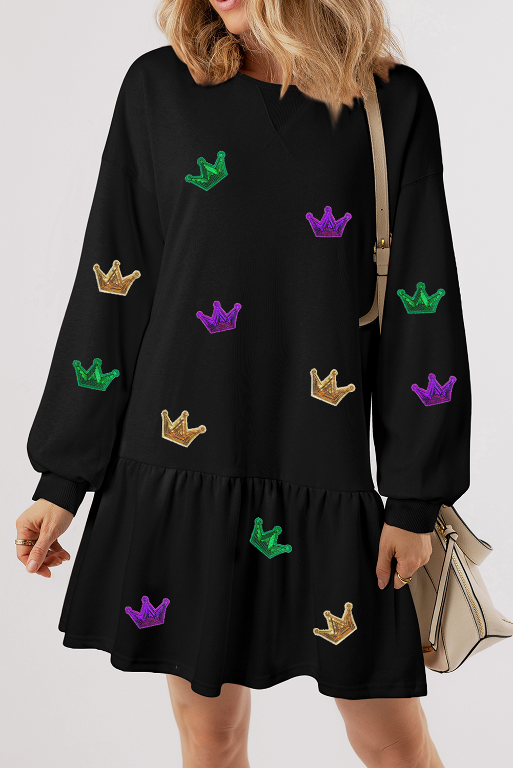 Black Mardi Gras Crown Patched Long Sleeve Ruffle Hem Dress Graphic Dresses JT's Designer Fashion