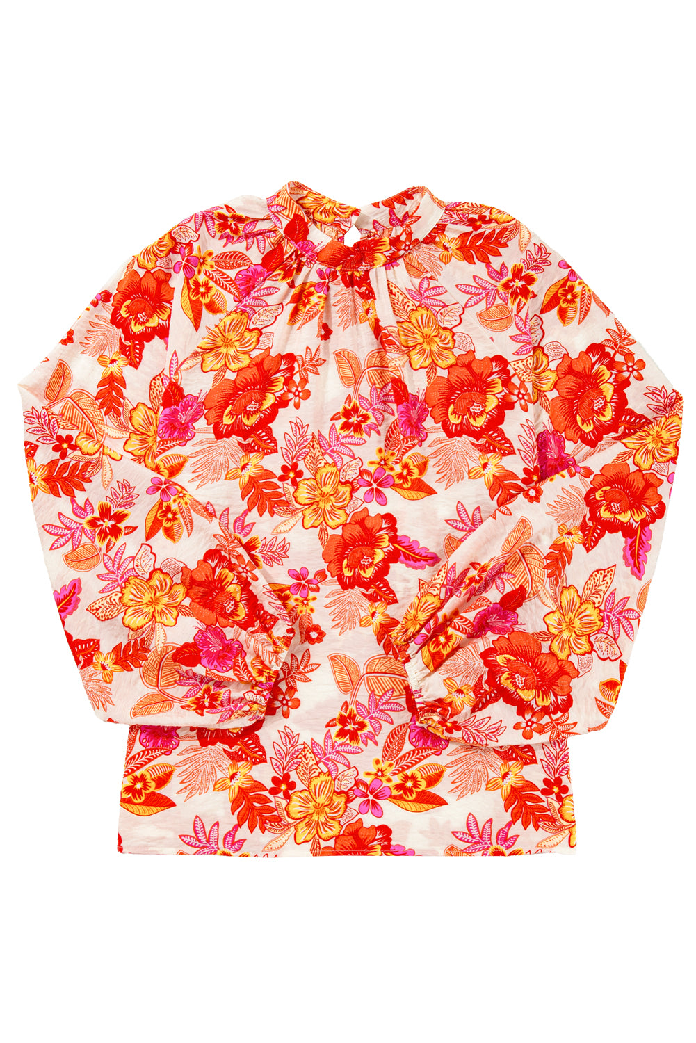 Orange Floral Print Pearl Button Keyhole Long Puff Sleeve Blouse Blouses & Shirts JT's Designer Fashion