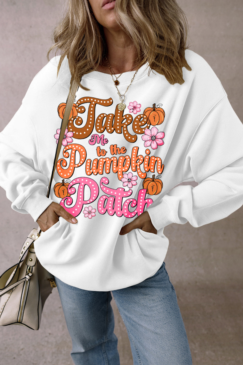 White Take Me to the Pumpkin Patch Floral Halloween Sweatshirt Graphic Sweatshirts JT's Designer Fashion