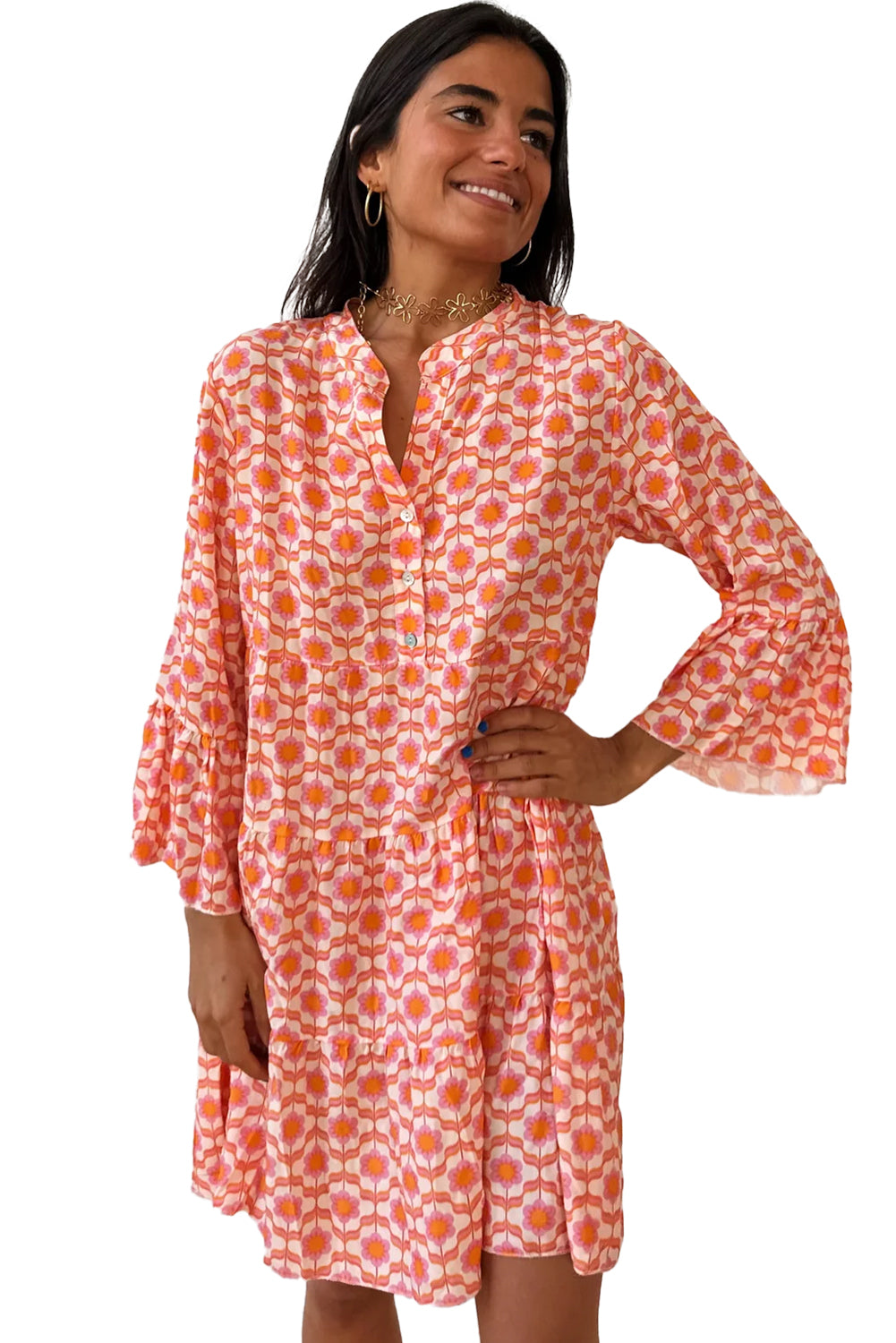 Orange Floral Print Flounce Sleeve Buttoned Front Mini Dress Floral Dresses JT's Designer Fashion