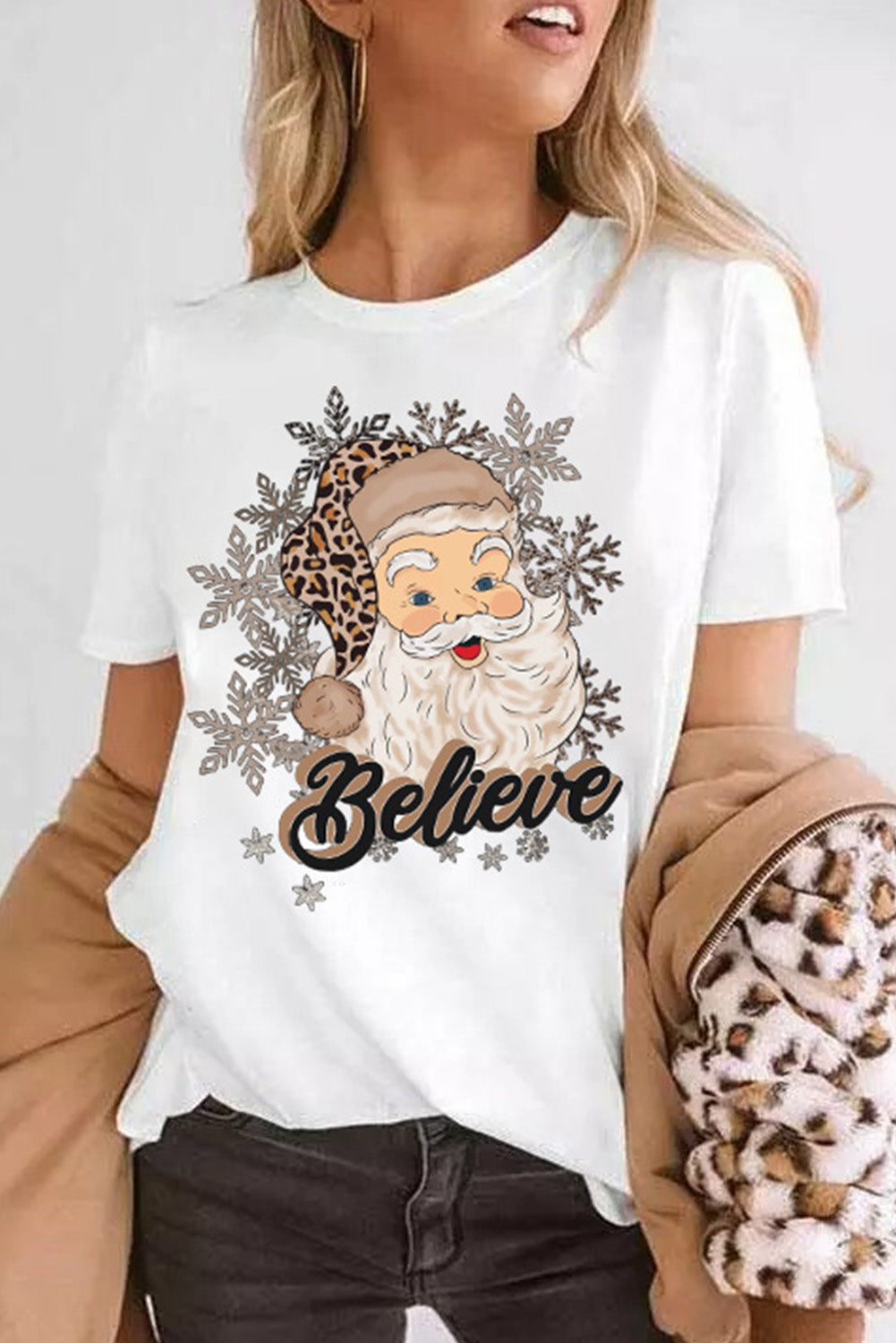 White Believe Santa Claus Snowflake Print Crew Neck T Shirt Graphic Tees JT's Designer Fashion