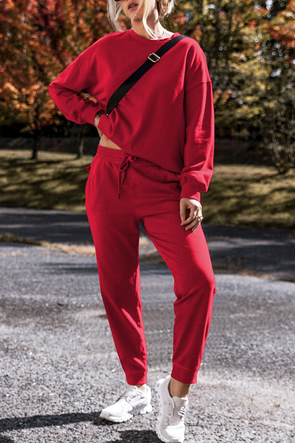 Racing Red Solid Color High Low Pullover and Skinny Pants Set Pant Sets JT's Designer Fashion