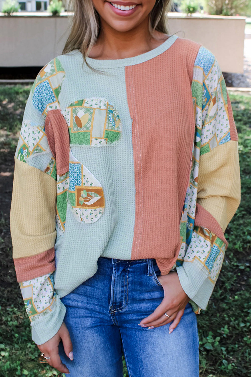 Rose Pink Floral Patchwork Waffle Color Block Pullover Top Long Sleeve Tops JT's Designer Fashion