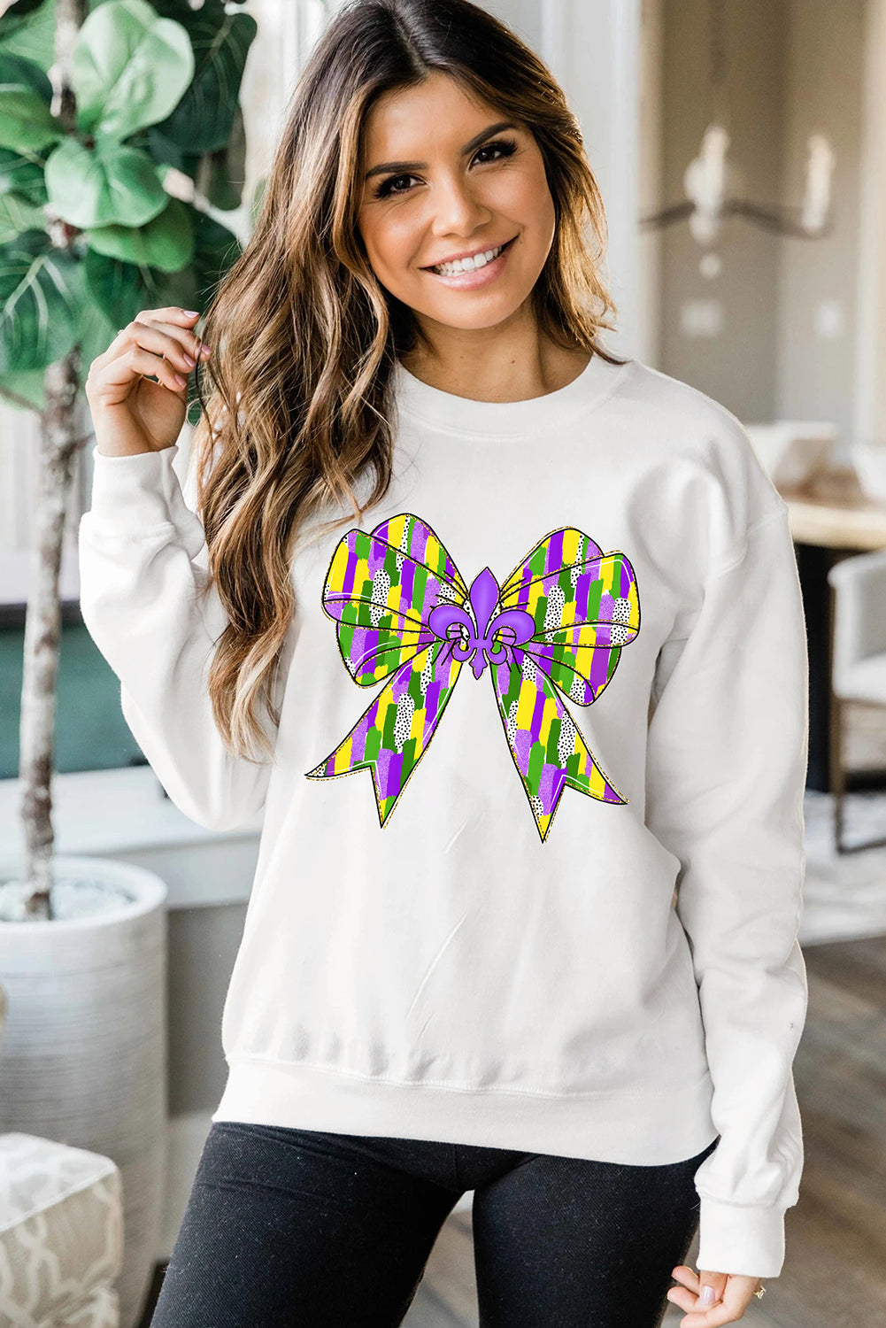 White Mardi Gras Bowknot Graphic Pullover Sweatshirt Graphic Sweatshirts JT's Designer Fashion